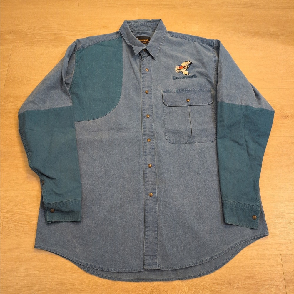 VTG Browning Men XL Blue Denim Shooting Shirt Pheasant Embroidered Quilted Hunt